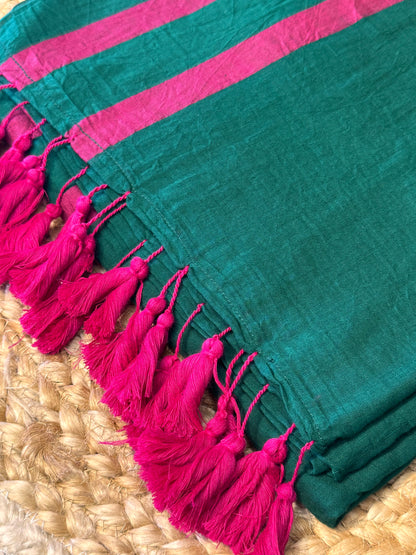 Green with Pink Mul Cotton Saree
