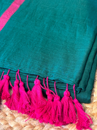 Green with Pink Mul Cotton Saree