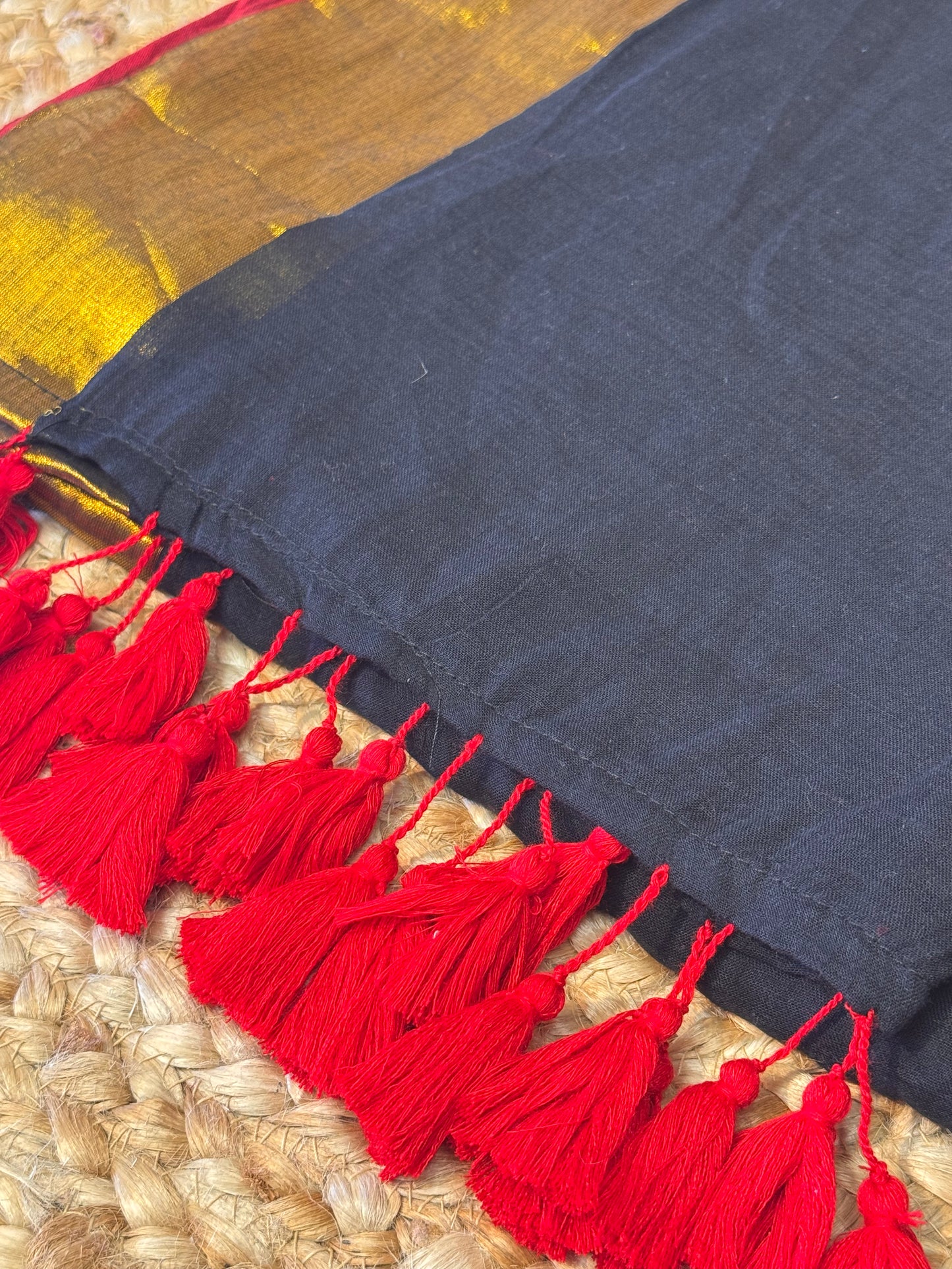 Black with Red/Gold Mul Cotton Saree
