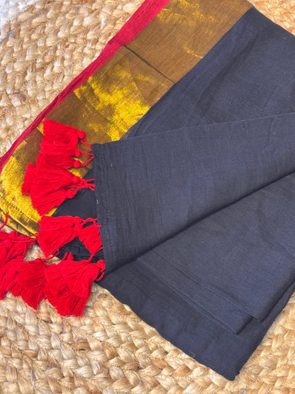 Black with Red/Gold Mul Cotton Saree