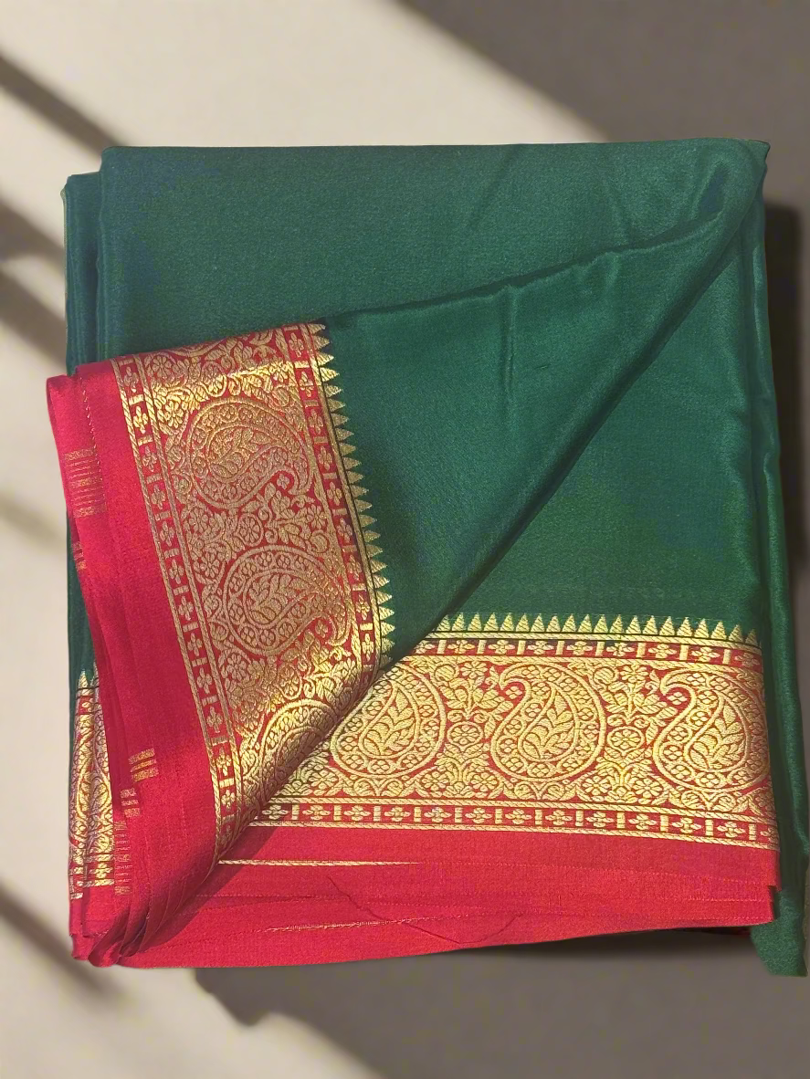 Green with Red Pure Crepe Mysore Silk Saree (Red Mango Border)
