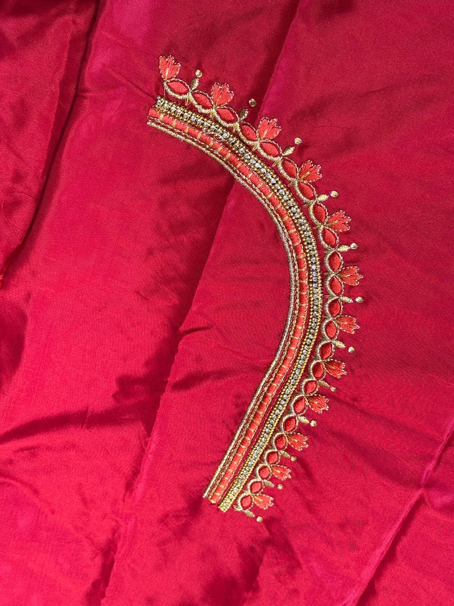 Red Silk Blouse Material with Embroidery work