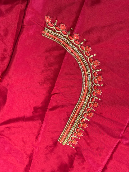 Red Silk Blouse Material with Embroidery work