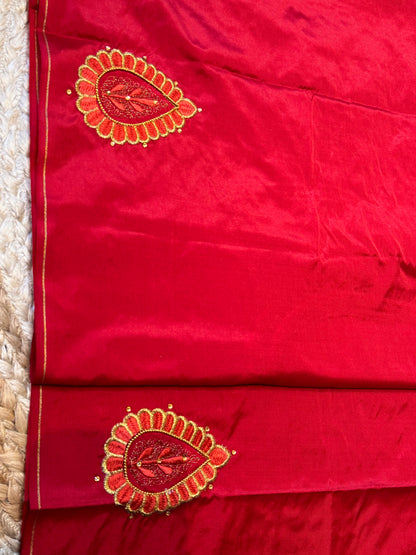 Red Silk Blouse Material with Embroidery work