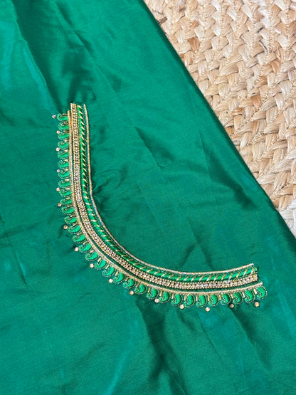 Green Silk Blouse Material with Embroidery work