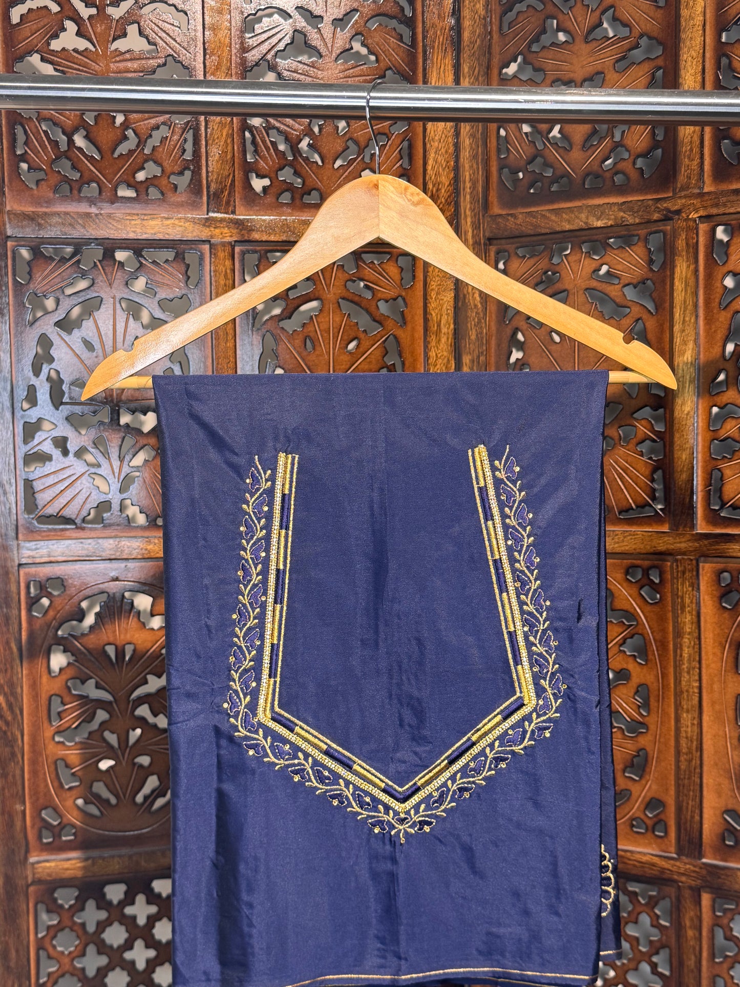 Navy Blue Silk Blouse Material with Embroidery work