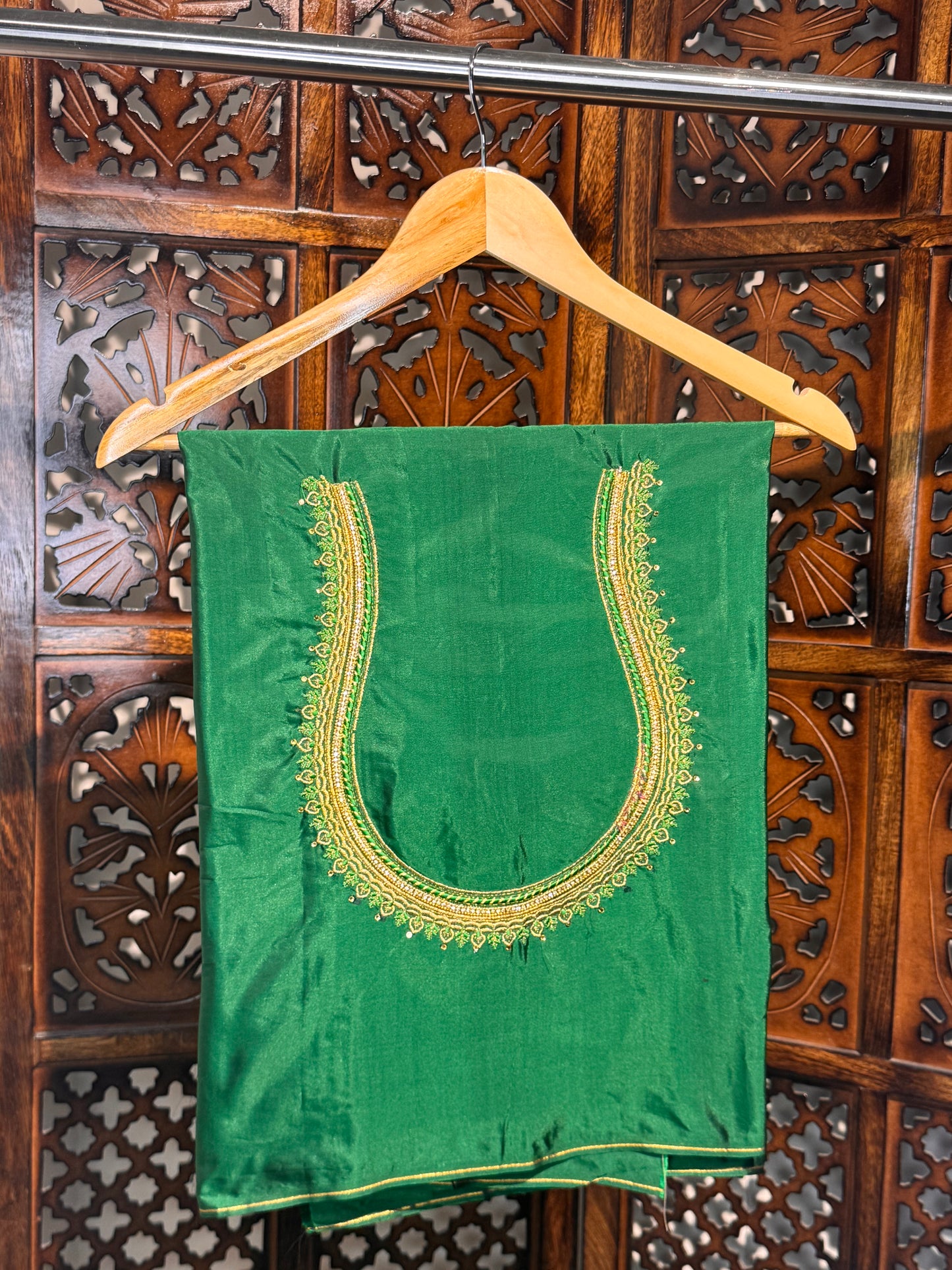 Green Silk Blouse Material with Embroidery work