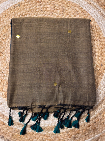 Brown with Peacock Blue Khadi Cotton Saree