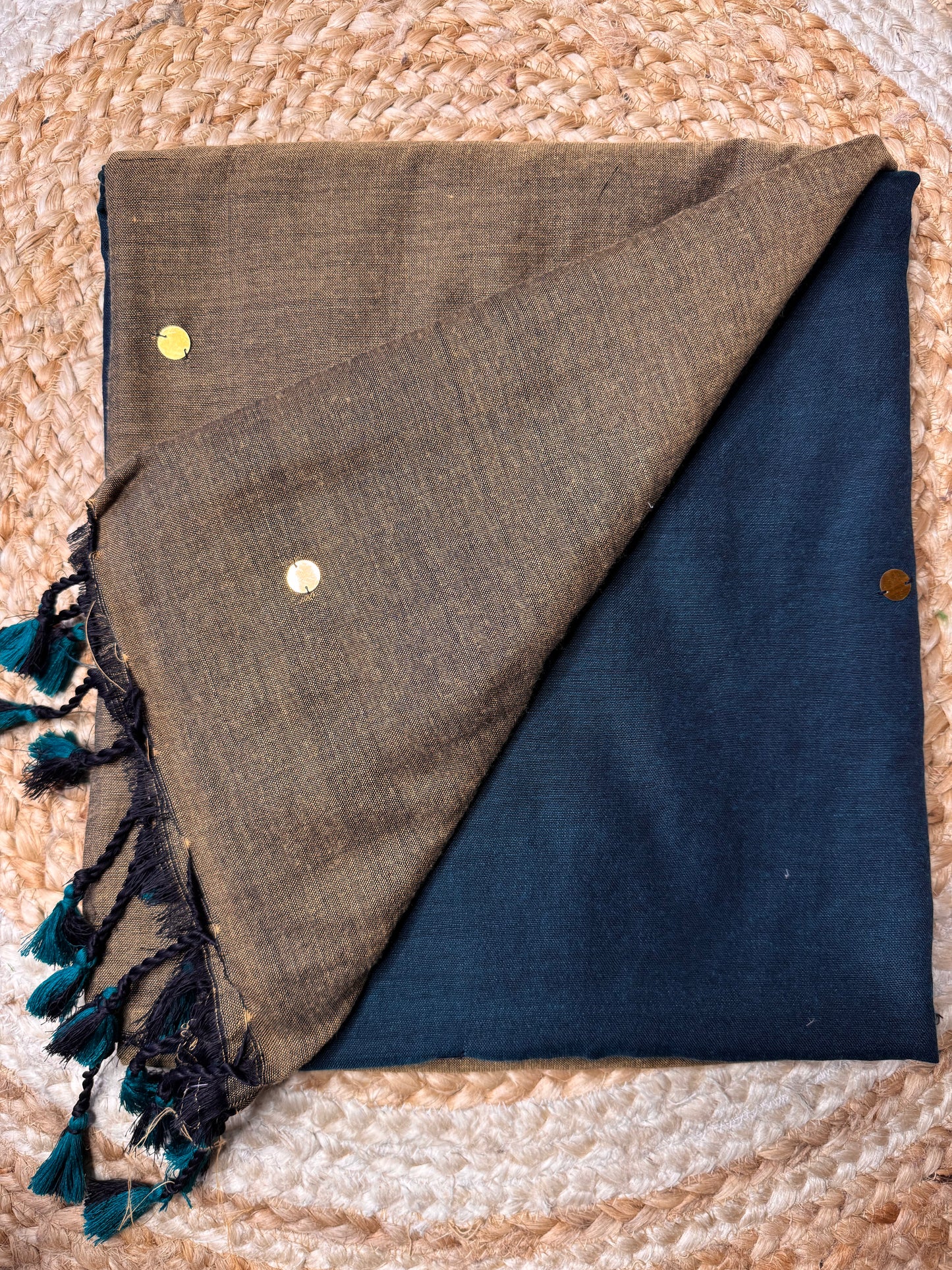 Brown with Peacock Blue Khadi Cotton Saree