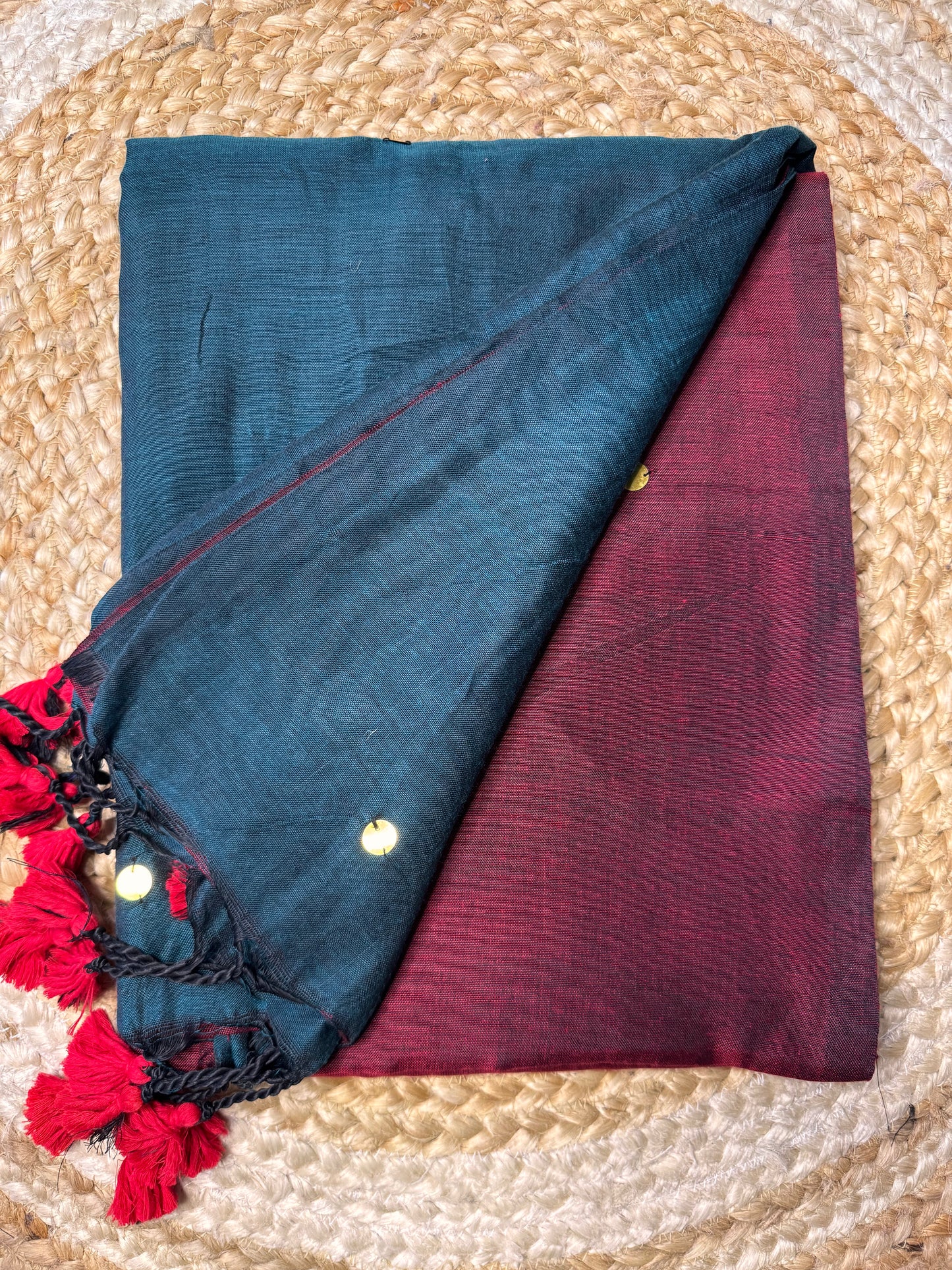 Peacock Blue with Maroon Khadi Cotton Saree