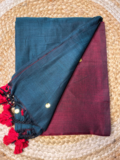 Peacock Blue with Maroon Khadi Cotton Saree