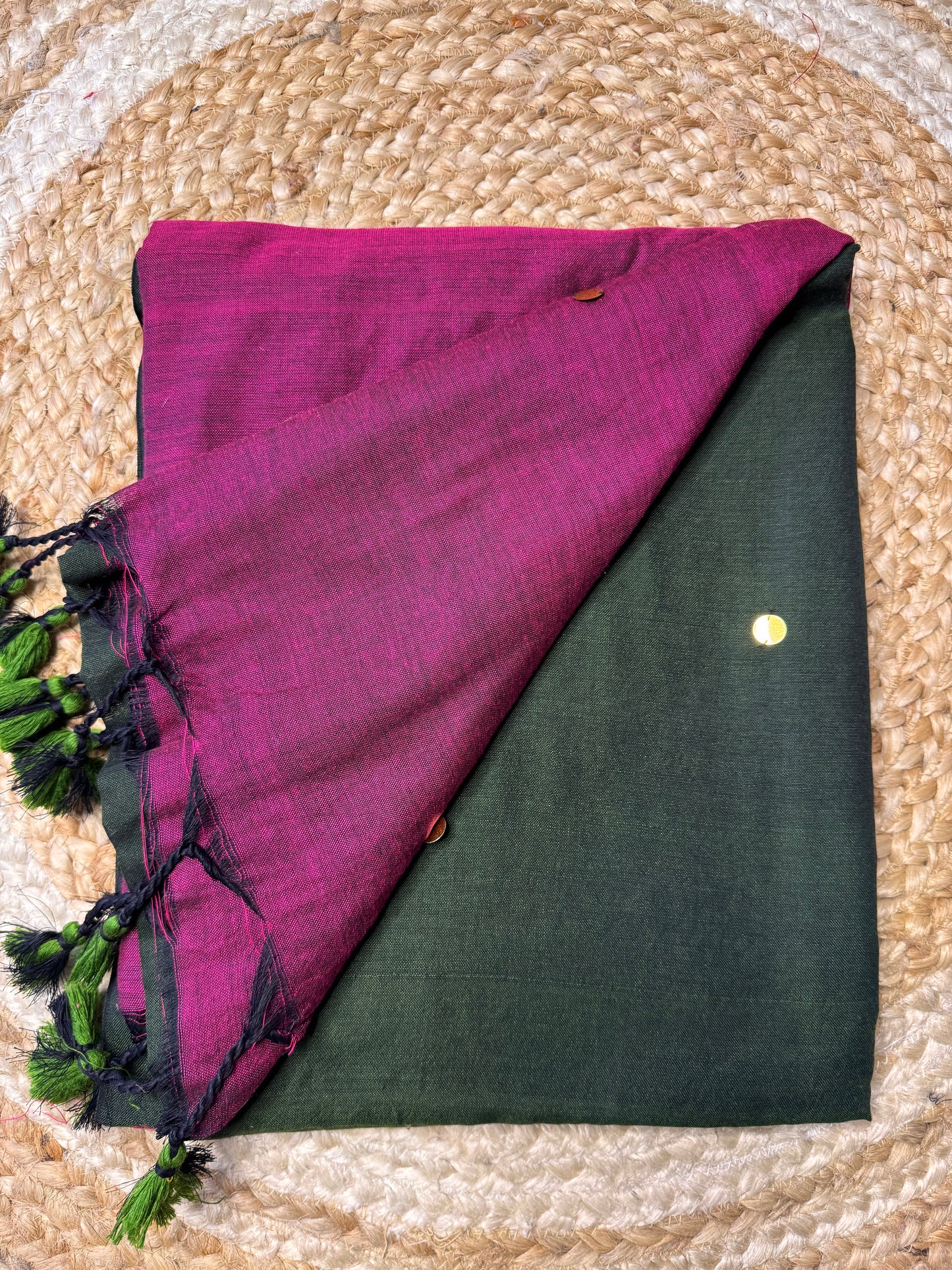 Dark Green with Magenta Pink Cotton Saree