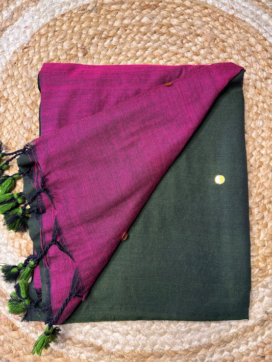 Dark Green with Magenta Pink Cotton Saree