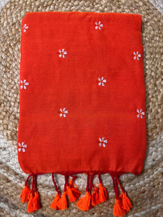 Bright Orange Paarijatha Khadi Cotton Saree