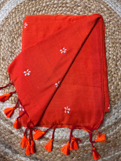 Bright Orange Paarijatha Khadi Cotton Saree