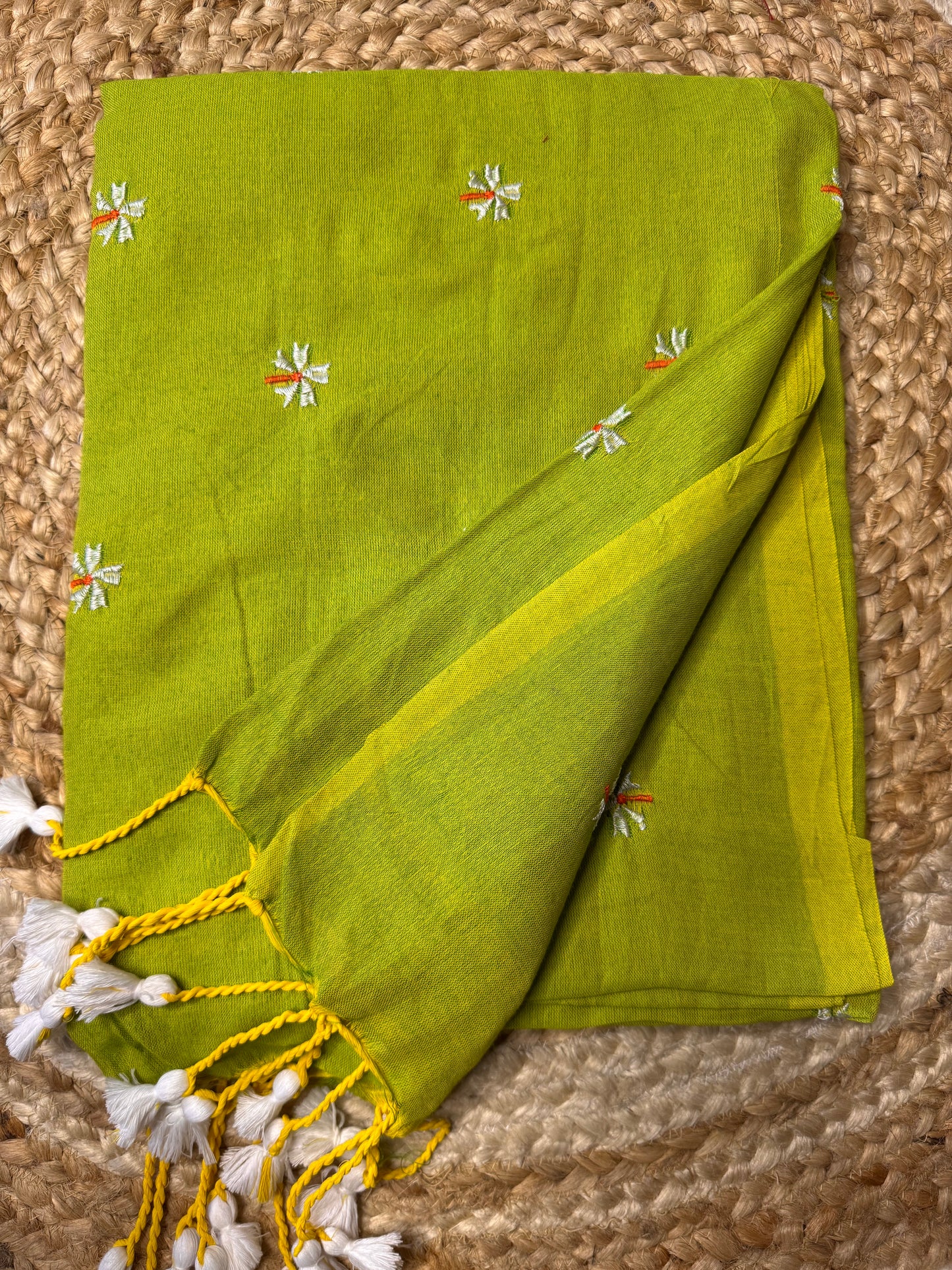 Bright Parrot Green Paarijatha Khadi Cotton Saree