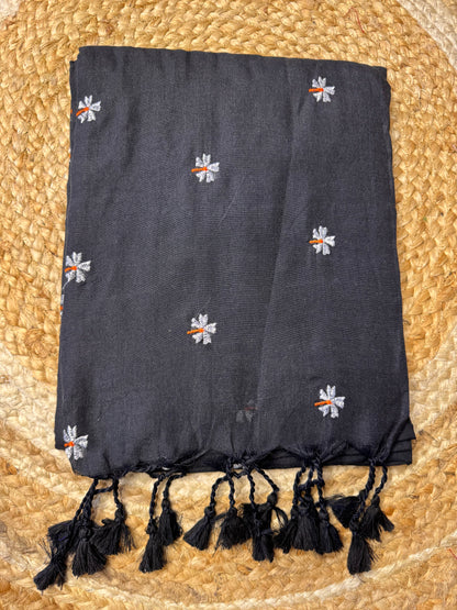 Black Paarijatha Khadi Cotton Saree