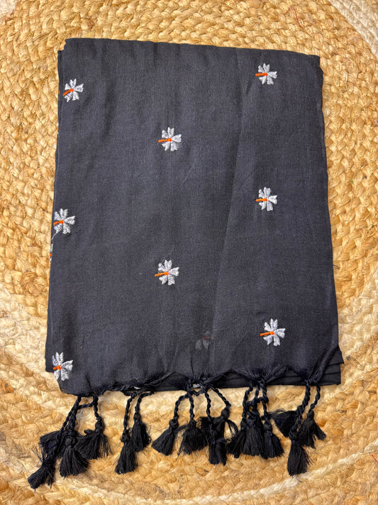 Black Paarijatha Khadi Cotton Saree