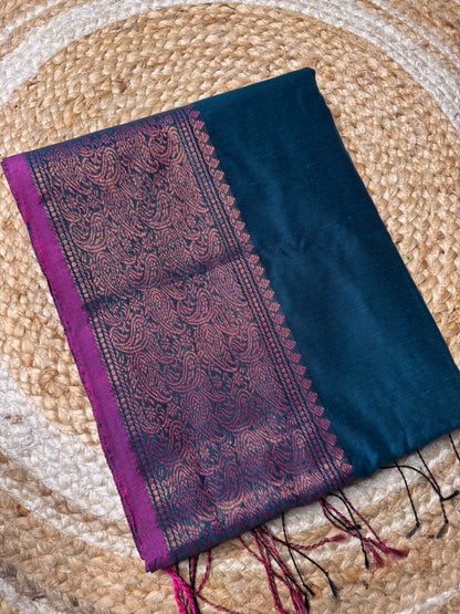 Peacock Blue with Pink Cotton Silk Saree