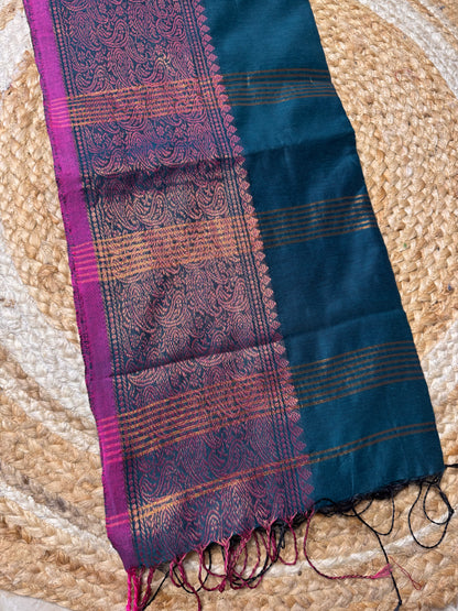 Peacock Blue with Pink Cotton Silk Saree