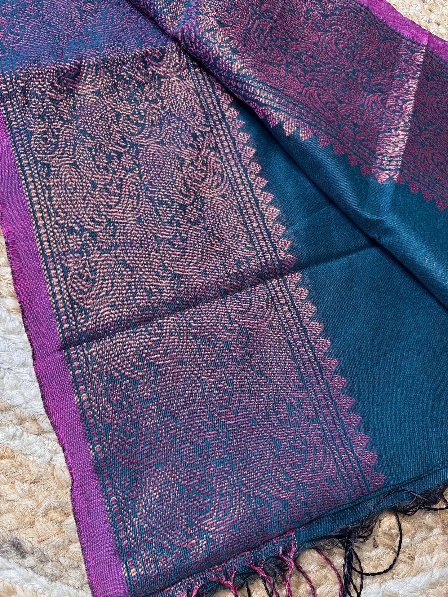 Peacock Blue with Pink Cotton Silk Saree