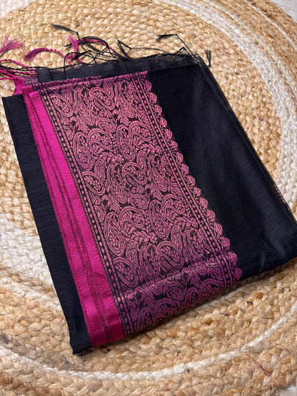 Black with Pink Cotton Silk Saree