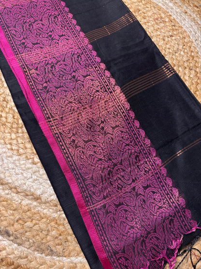 Black with Pink Cotton Silk Saree