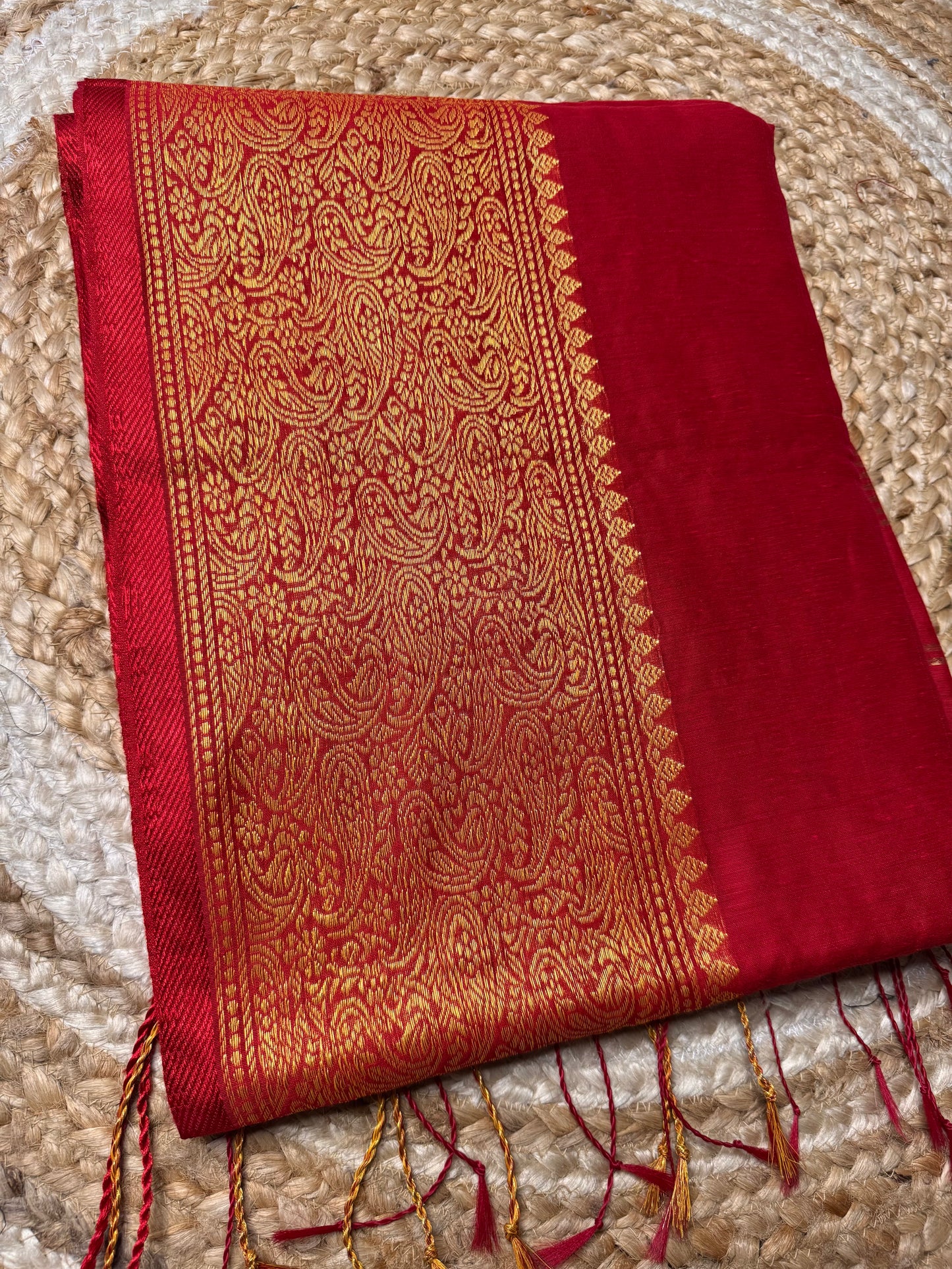 Bright Red Cotton Silk Saree