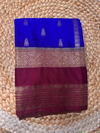 Blue with Maroon Jhumka Semi Mysore Crepe Silk