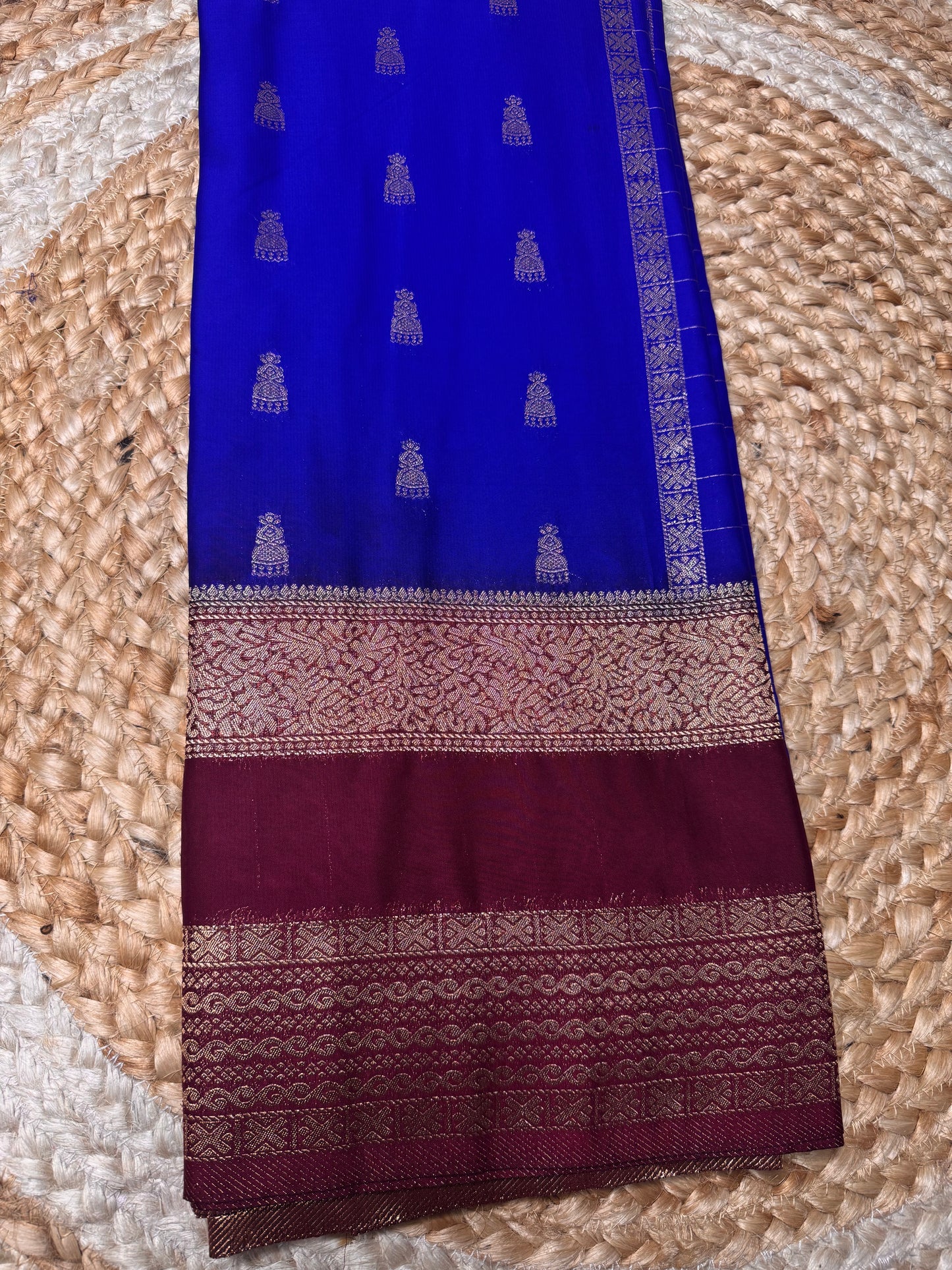 Blue with Maroon Jhumka Semi Mysore Crepe Silk