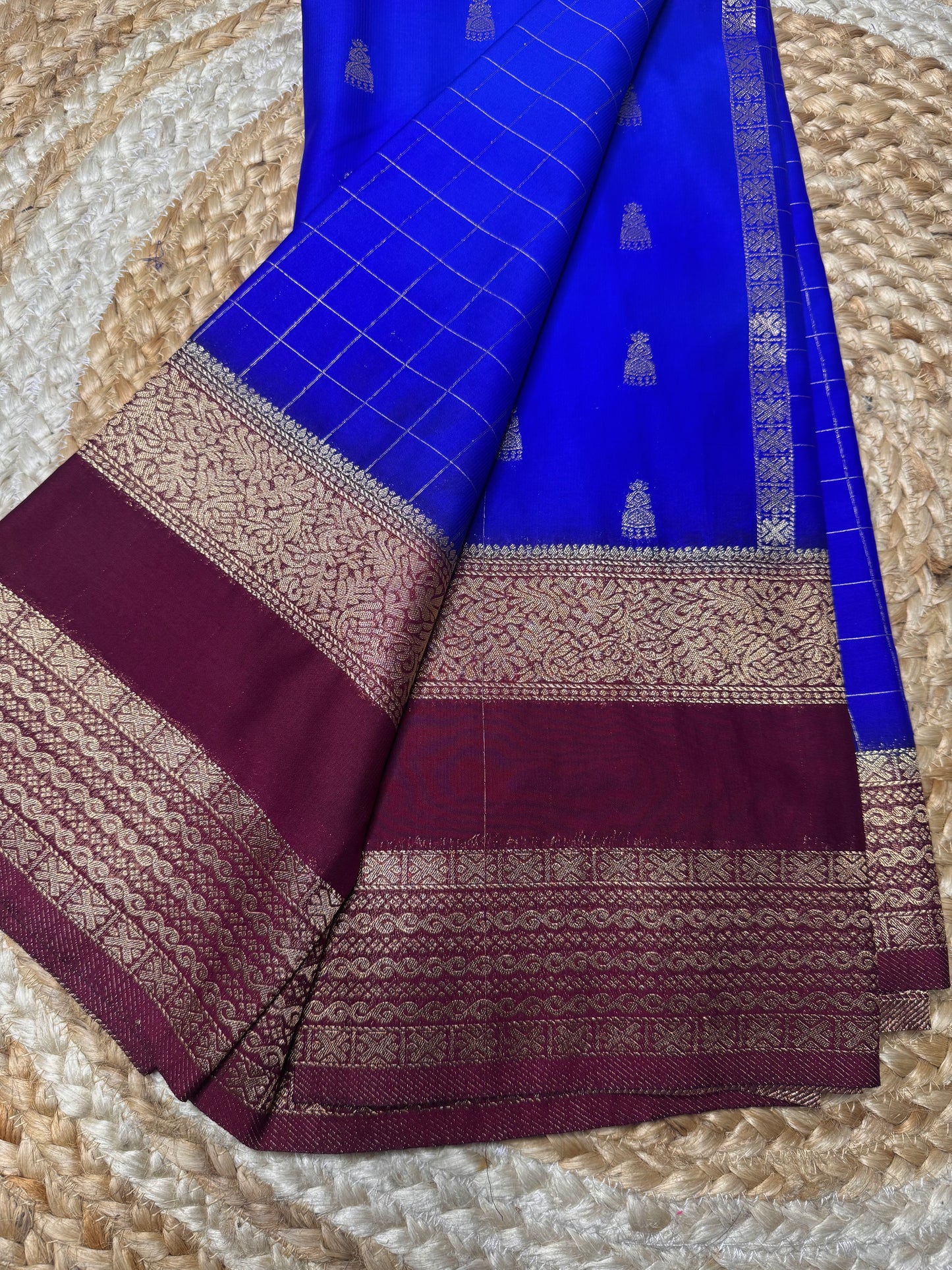 Blue with Maroon Jhumka Semi Mysore Crepe Silk