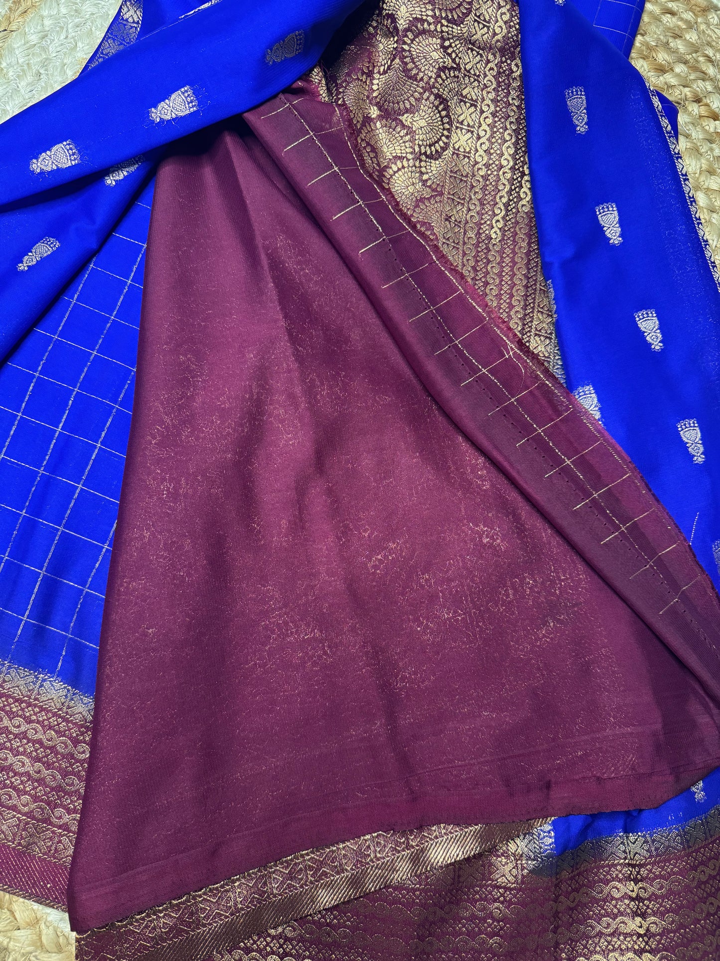 Blue with Maroon Jhumka Semi Mysore Crepe Silk