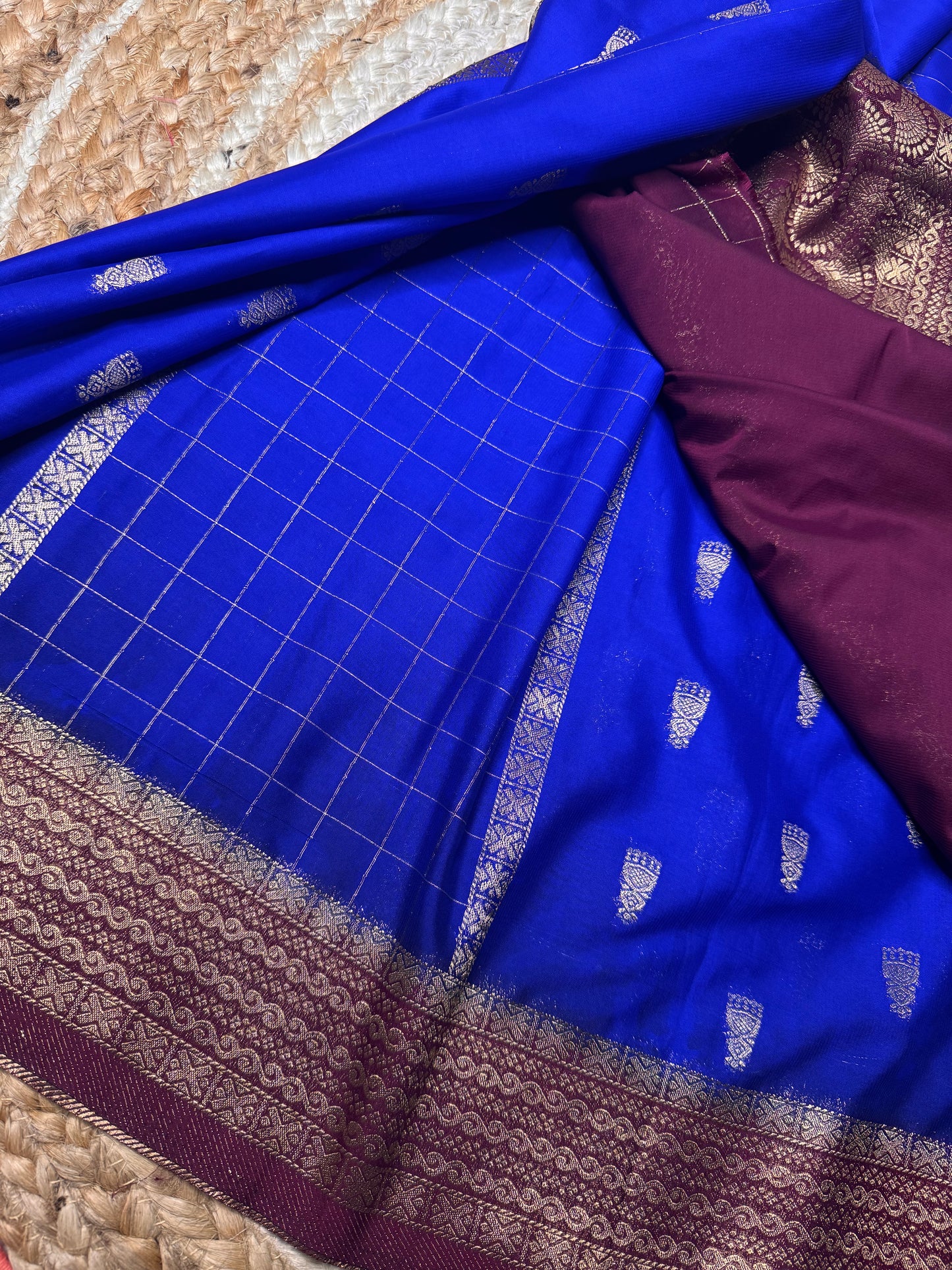 Blue with Maroon Jhumka Semi Mysore Crepe Silk