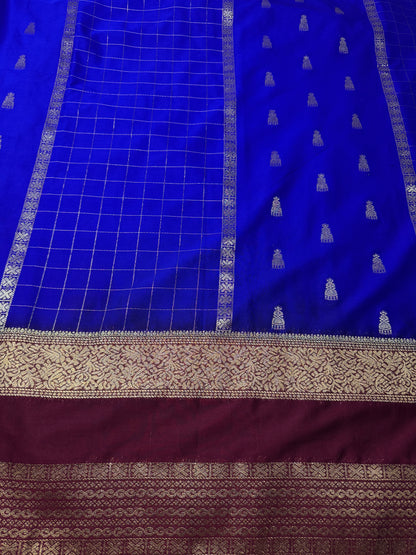 Blue with Maroon Jhumka Semi Mysore Crepe Silk