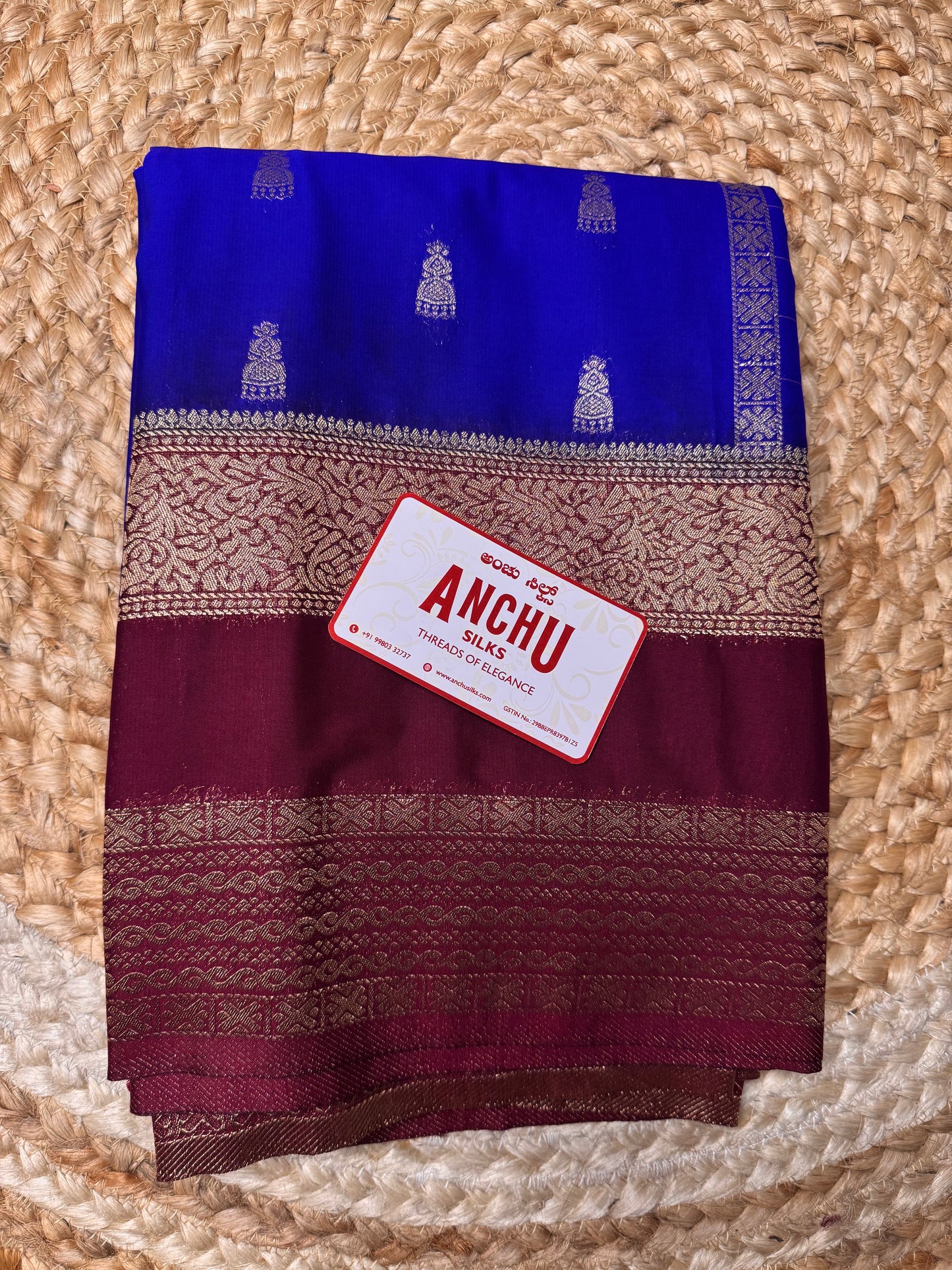 Blue with Maroon Jhumka Semi Mysore Crepe Silk