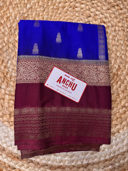Blue with Maroon Jhumka Semi Mysore Crepe Silk