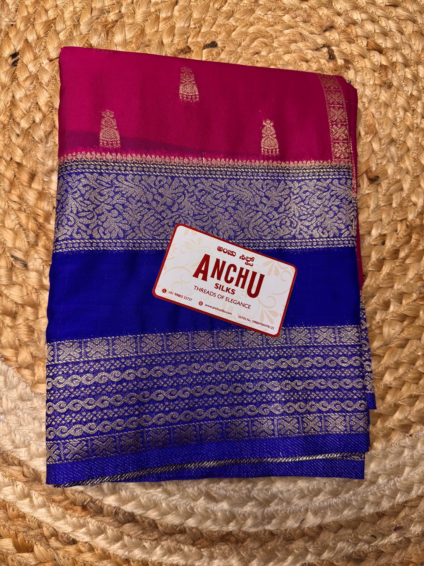 Rani Pink with Blue Jhumka Semi Mysore Crepe Silk