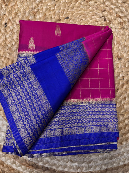 Rani Pink with Blue Jhumka Semi Mysore Crepe Silk