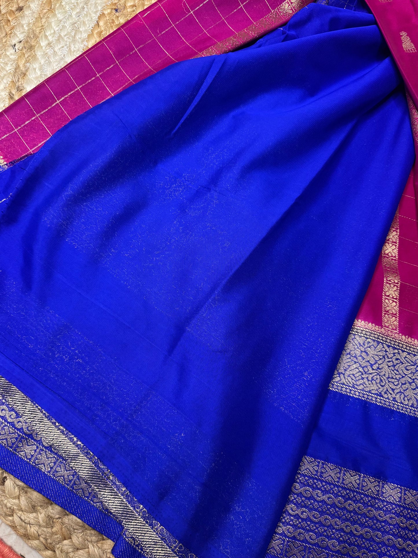 Rani Pink with Blue Jhumka Semi Mysore Crepe Silk