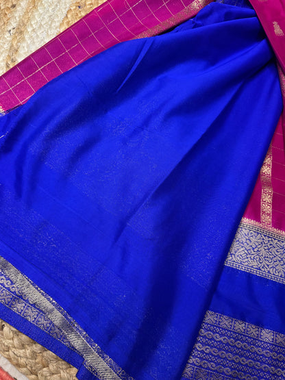 Rani Pink with Blue Jhumka Semi Mysore Crepe Silk
