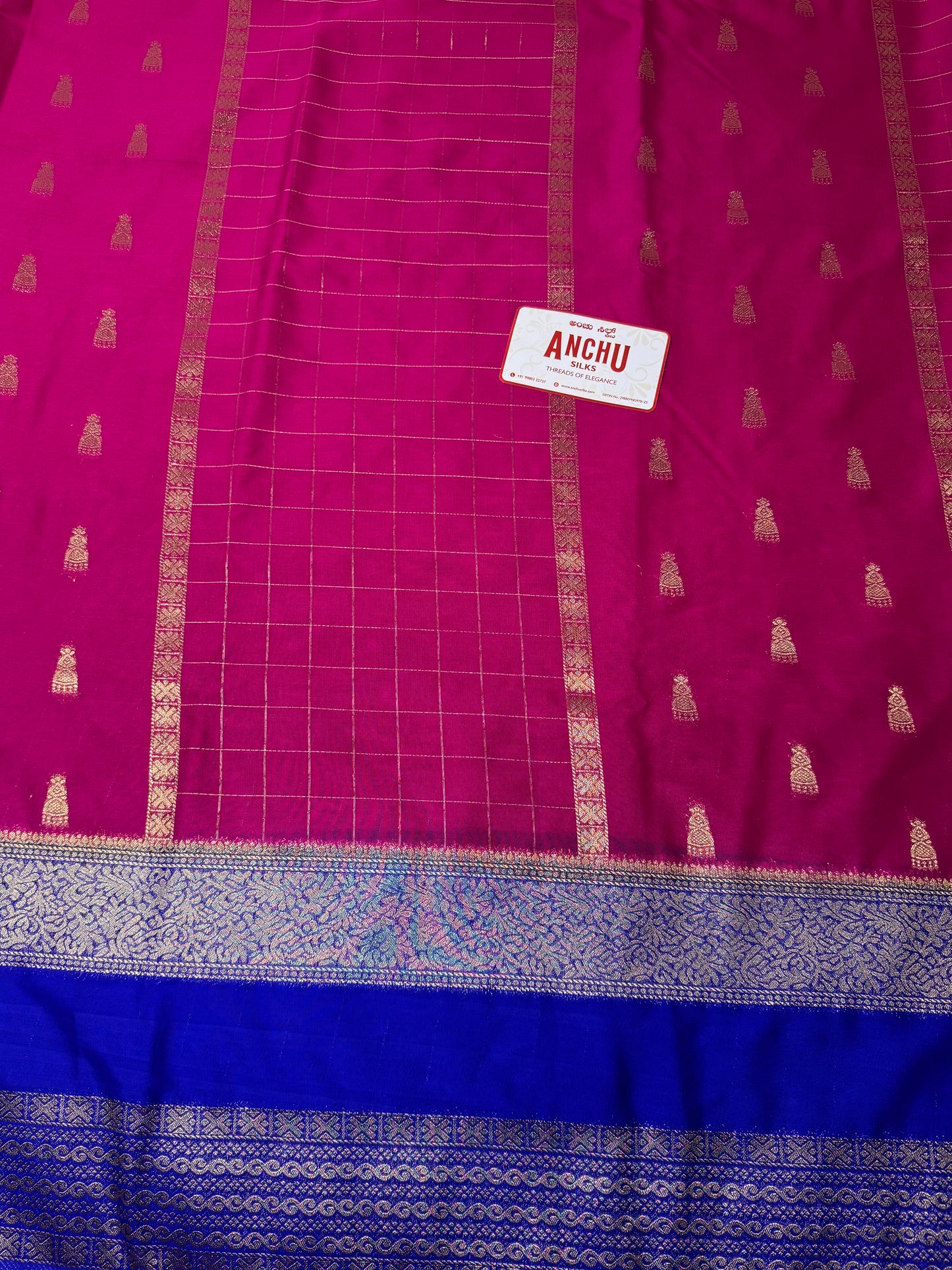 Rani Pink with Blue Jhumka Semi Mysore Crepe Silk