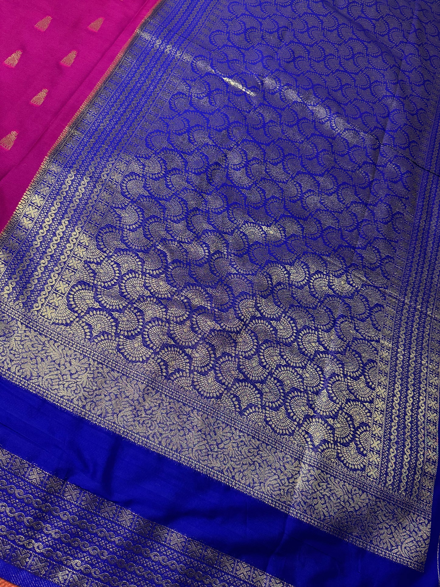 Rani Pink with Blue Jhumka Semi Mysore Crepe Silk