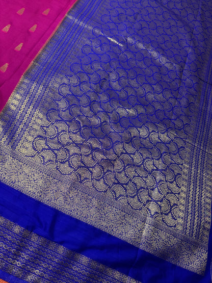 Rani Pink with Blue Jhumka Semi Mysore Crepe Silk