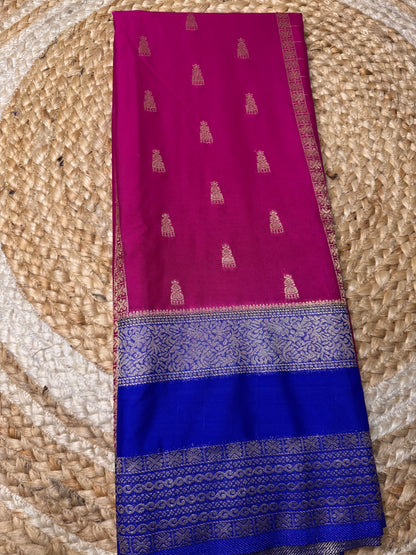 Rani Pink with Blue Jhumka Semi Mysore Crepe Silk