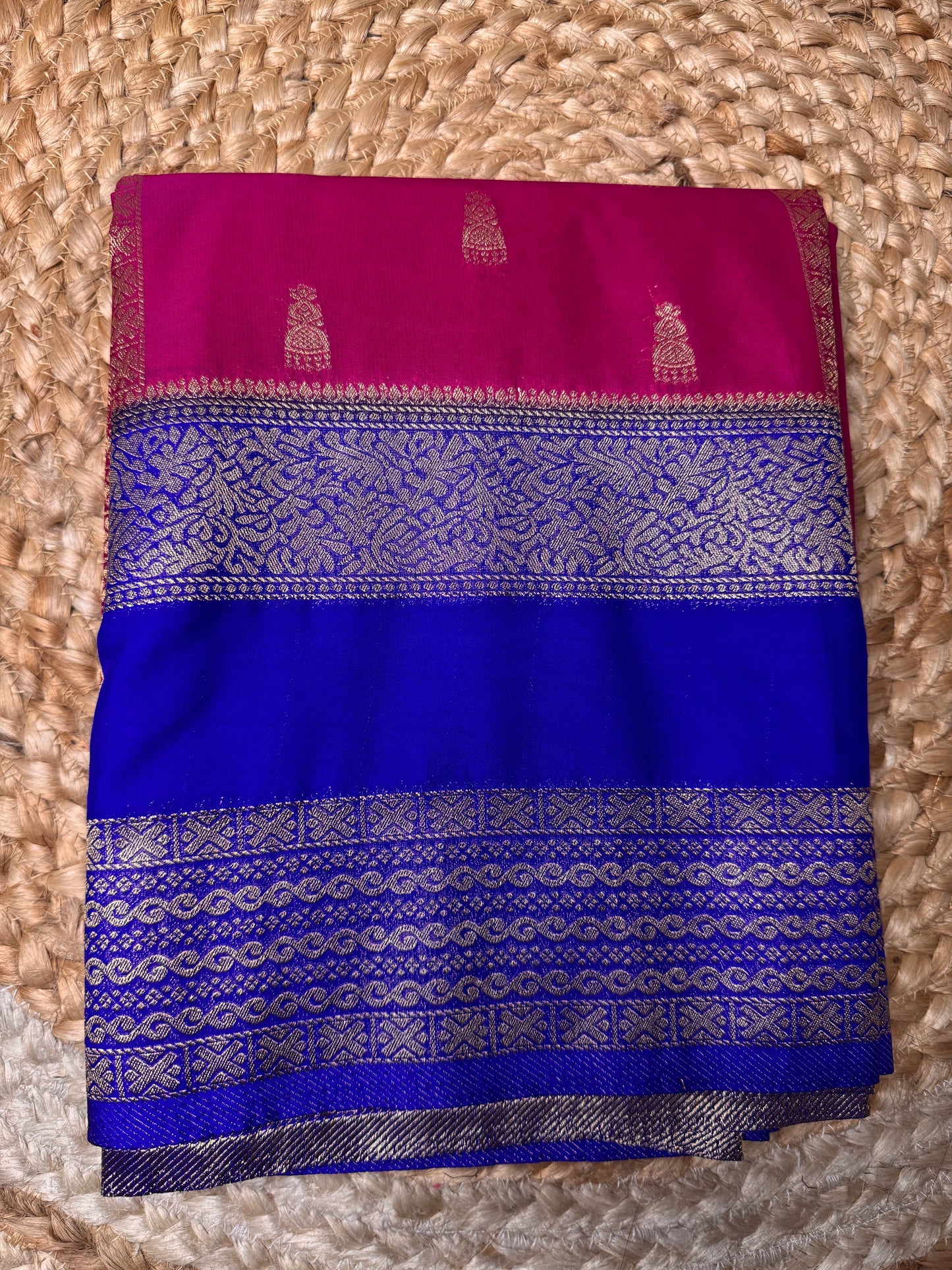 Rani Pink with Blue Jhumka Semi Mysore Crepe Silk