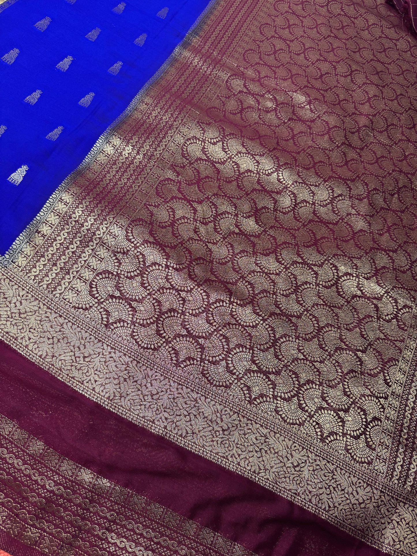 Blue with Maroon Jhumka Semi Mysore Crepe Silk