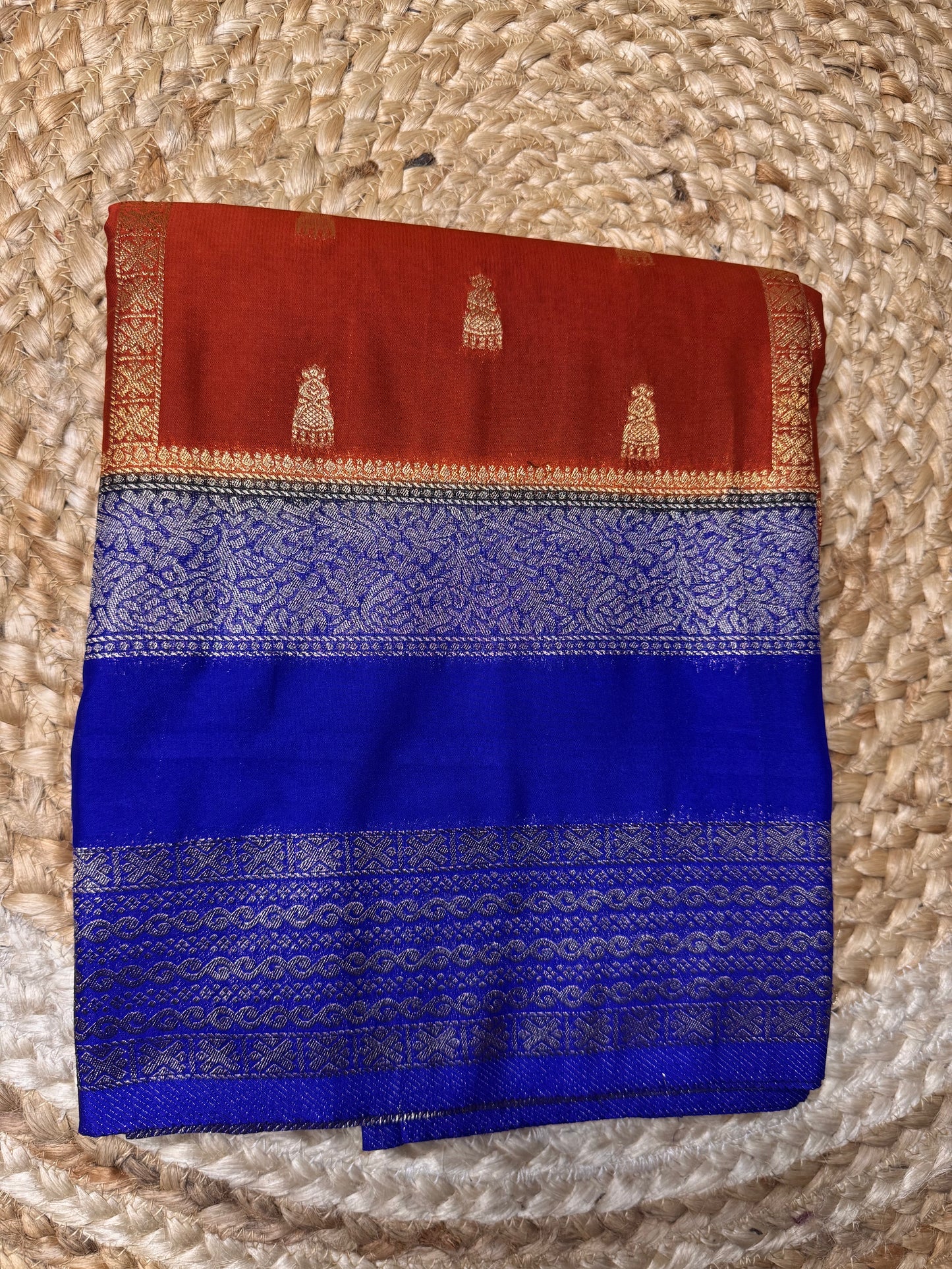 Rust Orange with Blue Jhumka Semi Mysore Crepe Silk