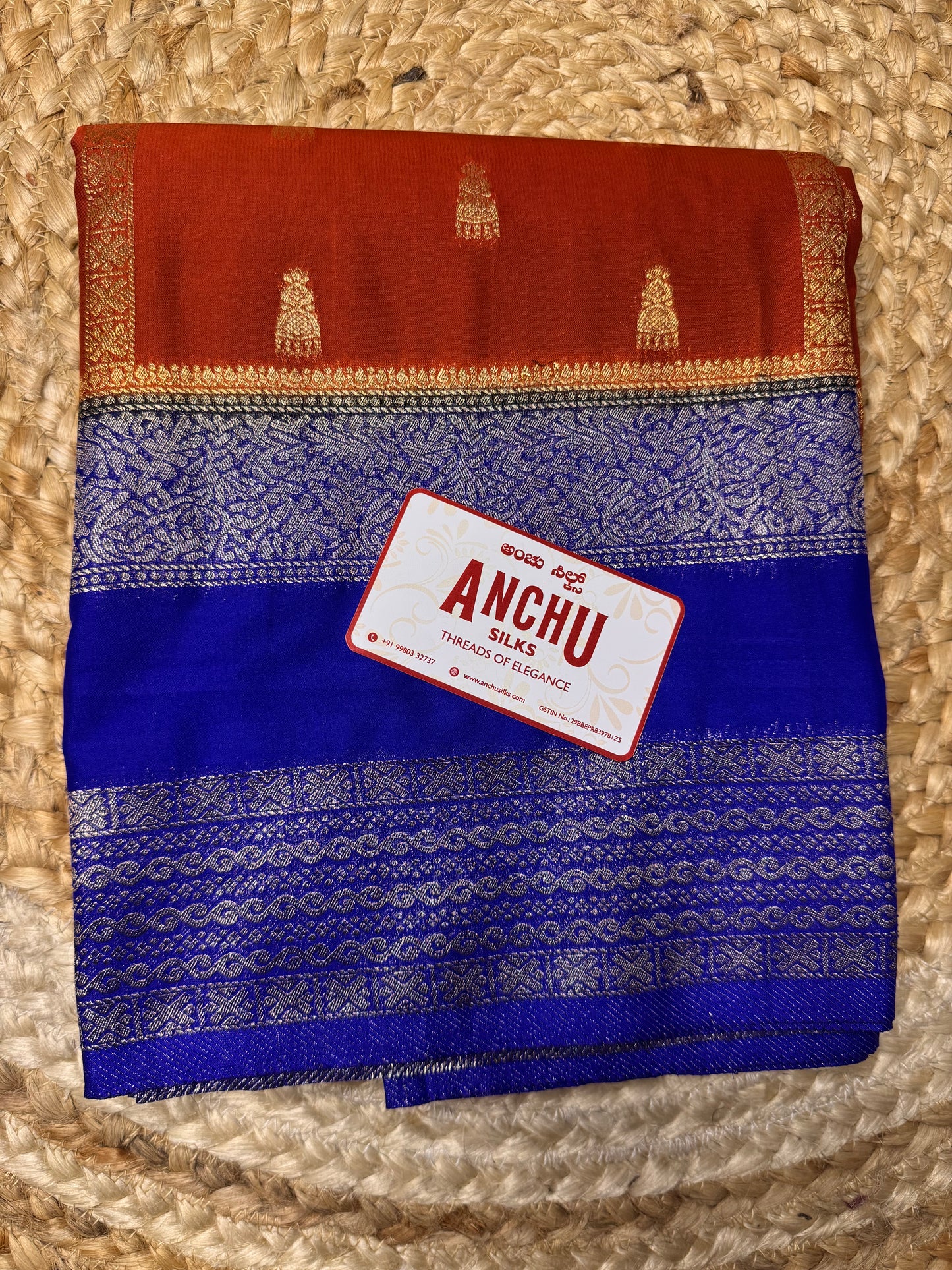 Rust Orange with Blue Jhumka Semi Mysore Crepe Silk