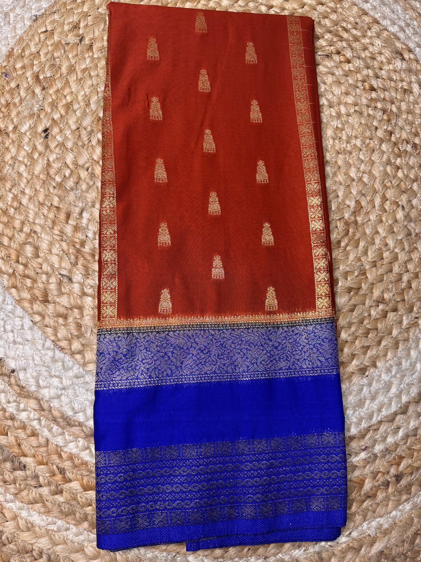 Rust Orange with Blue Jhumka Semi Mysore Crepe Silk