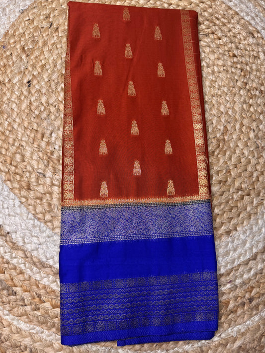 Rust Orange with Blue Jhumka Semi Mysore Crepe Silk